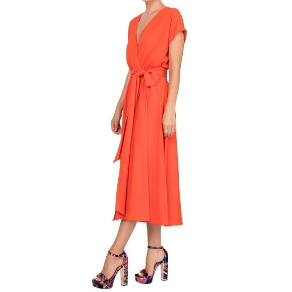 New MEGHAN LA Size M Jasmine Midi Dress wrap front w/tied waist belt Orange - Picture 2 of 13